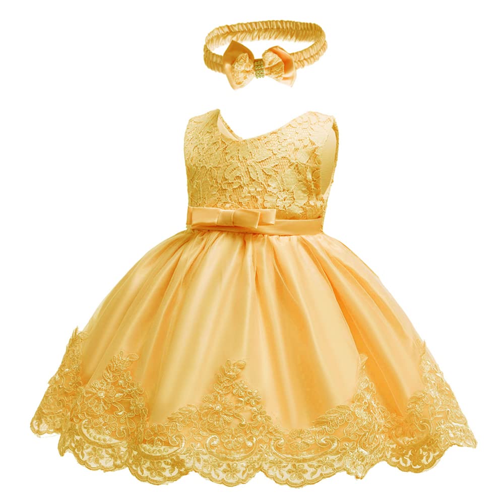 Baby Christmas Embroidery Lace Dresses Little Kid Easter Halloween Wedding Formal Event Dress (Yellow 8348,24M)