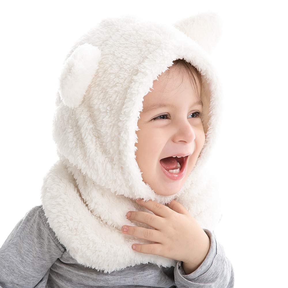 Baby Girls Boys Winter Warm Scarf Hat Kids Thick Earflap Hood Cap With Ear 6M-7T (White,S)