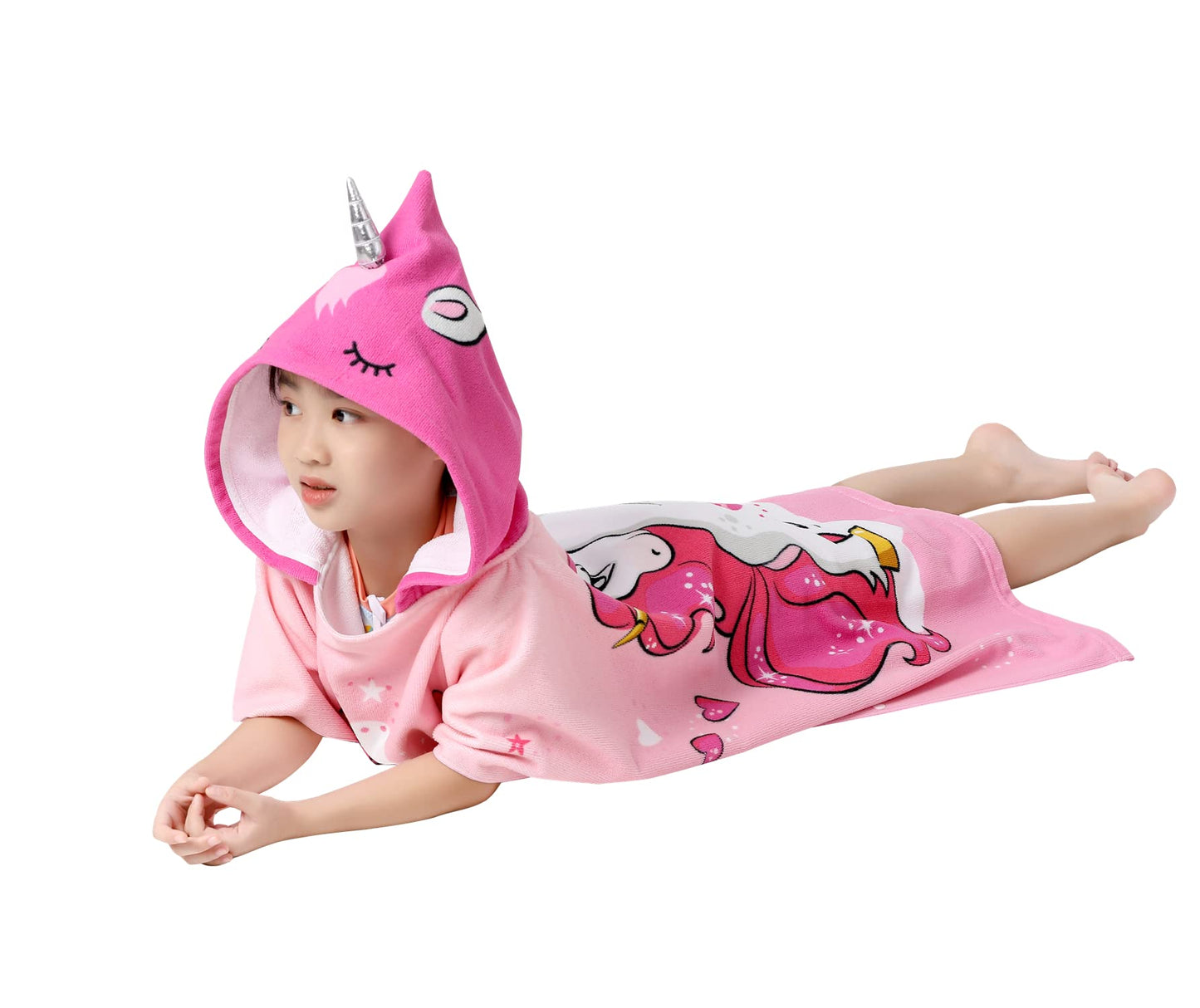 Athaelay Soft Swim Cover-Ups For 3 To 10 Years Old Kids Big Girls' Pink Unicorn Hooded Bath Beach Poncho Towel With Drawstring B