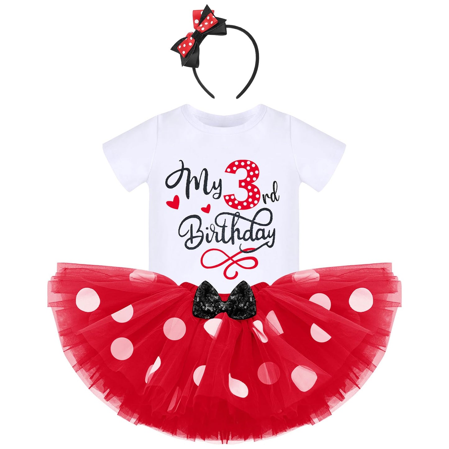 Ibtom Castle Toddler Baby Girls 3Rd Birthday Princess Outfit Polka Dots T-Shirt Top Tutu Skirt Set Ears Headband Third Years Old