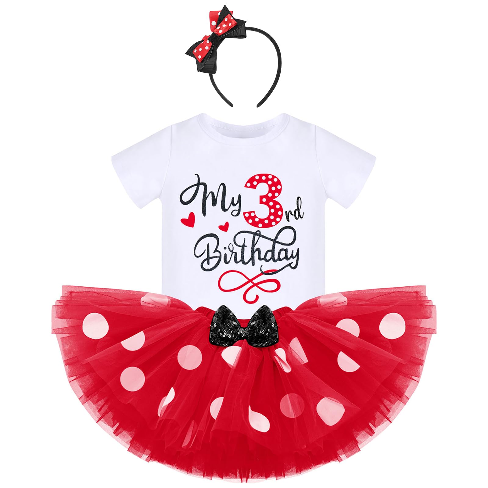 Ibtom Castle Toddler Baby Girls 3Rd Birthday Princess Outfit Polka Dots T-Shirt Top Tutu Skirt Set Ears Headband Third Years Old