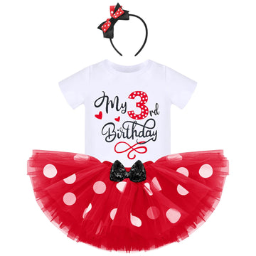 Ibtom Castle Toddler Baby Girls 3Rd Birthday Princess Outfit Polka Dots T-Shirt Top Tutu Skirt Set Ears Headband Third Years Old