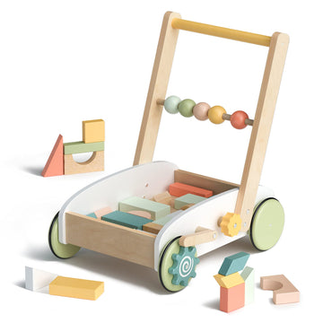 ROBUD Wooden Baby Push Walker, Baby Learning Walking Toys, 1st Birthday 1 2 3 Year Old Boys Girls Gifts, with Wooden Building Bl