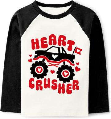 Kids I Crush Hearts Monster Truck Toddler Boys Valentine'S Day T-Shirt Toddler Vday Clothes Long Sleeve Raglan Tops Size 8