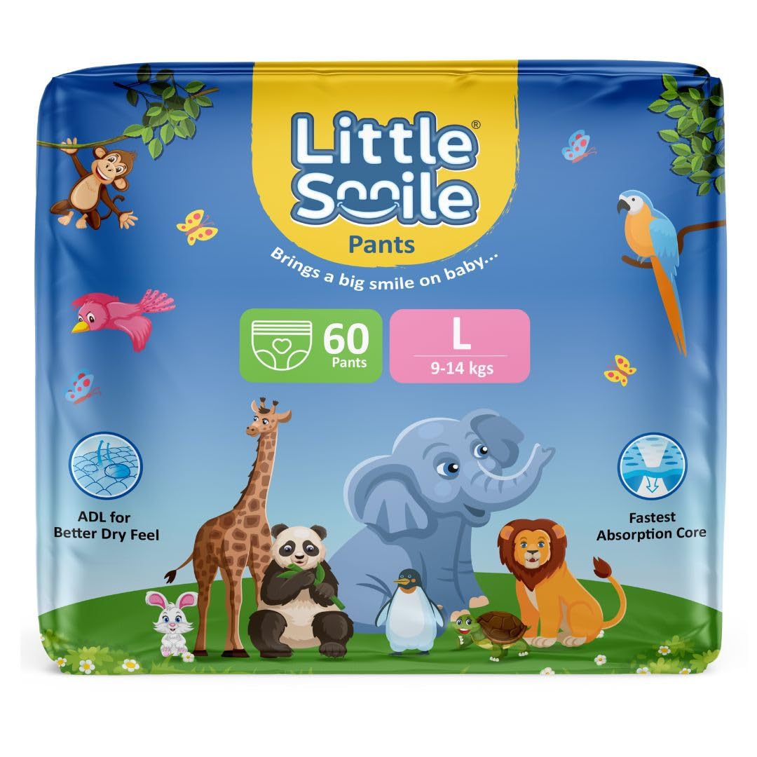 Little Smile Baby Diapers Pant Style | Large (L) Size | Ideal For 914 Kgs Baby | 60 Count Odorless And Antibacterial Layer Wit