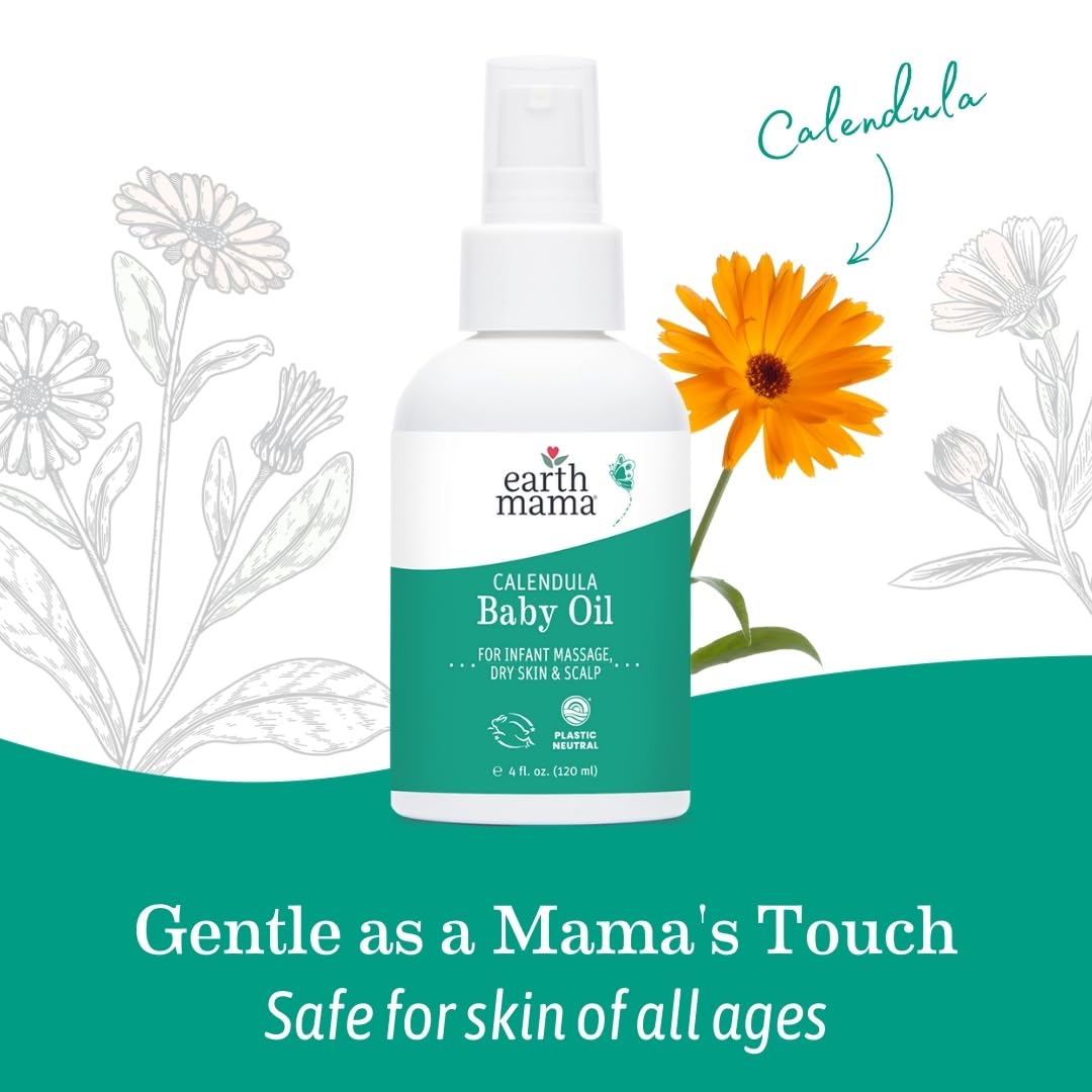 Earth Mama Calendula Baby Oil | Massage Oil for Newborn Skin Care, Dry Skin & Scalp Moisturizer, Fragrance Free, 4-Fluid Ounce