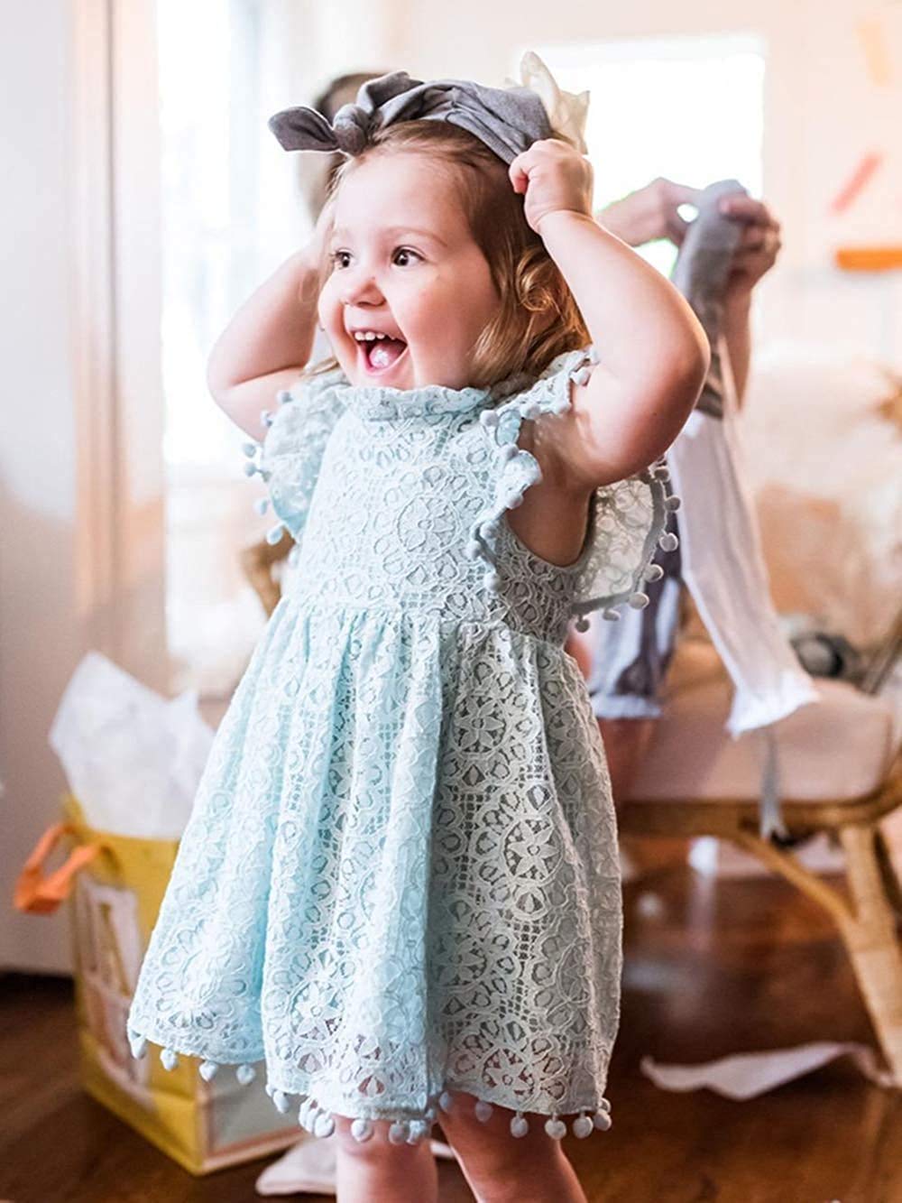 2Bunnies Girl Baby Toddler Vintage Lace Pom Pom Flutter Sleeve Easter Birthday Outfit Dress (Mint, 6)