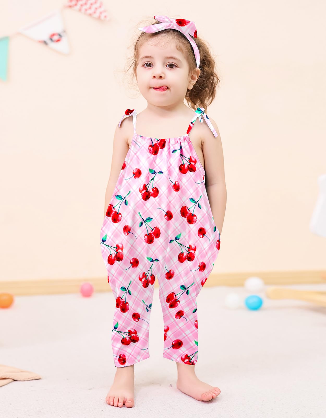 Lindanina 4T Girls Summer Clothes Toddler Red Cherry Romper Jumpsuits Kids Outfits 5T Cute Adjustable Tie-Up Strap One Piece Sle