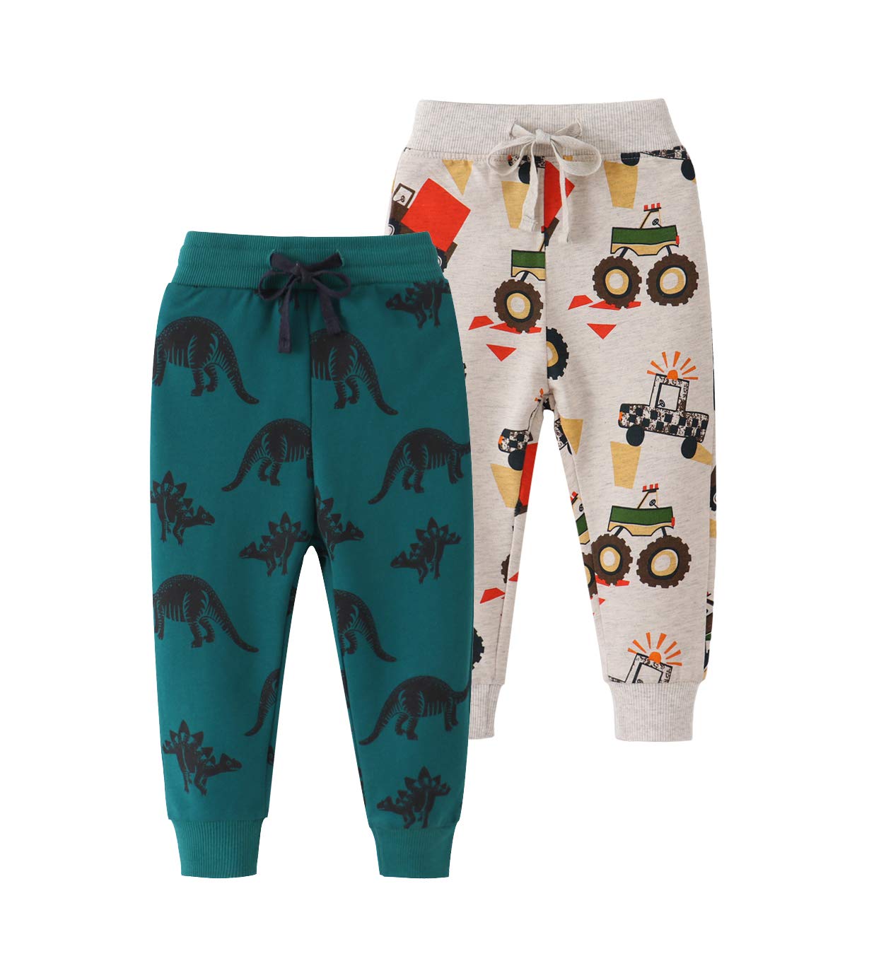 Huaer& Baby Boy'S Jogger Pants Dinosaur Car Animal Print Drawstring Elastic Sweatpants (1-Pack 2-Pack) (Car Dinosaur 3, 4T)