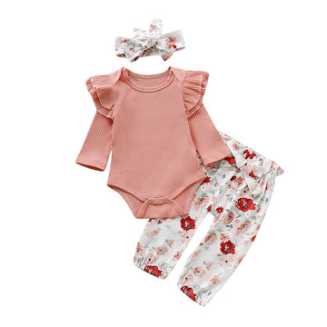 3Pcs Clothes Set Newborn Toddler Baby Girl Romper Bodysuit Jumpsuit Floral Halen Pants Outfit Clothes (Knitting Top+Floral Pants