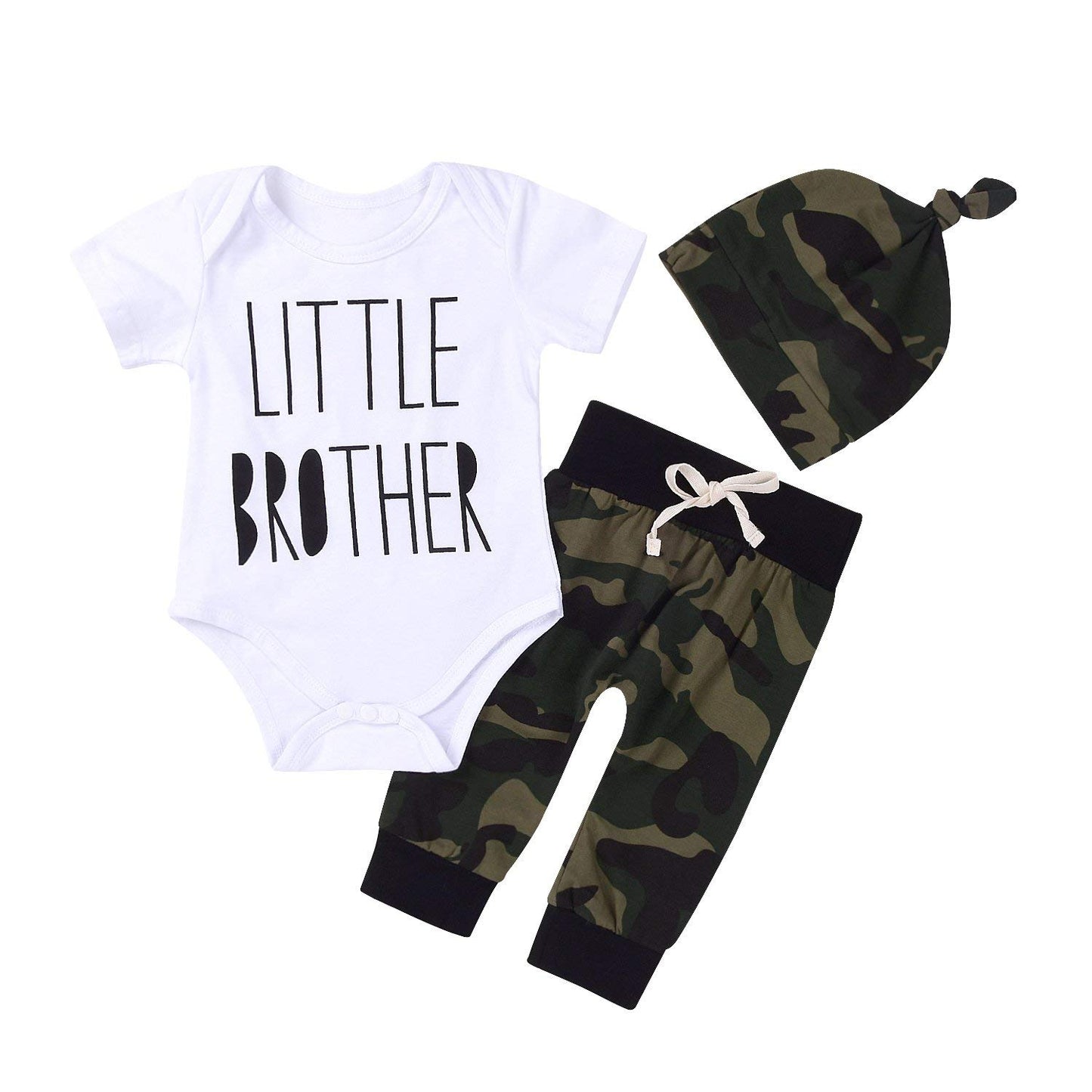 Cute 3Pcs Newborn Baby Boys Letter Print Romper+Camouflage Pants+Hat Outfits Set (0-3Months, Camouflage&Little Brother)