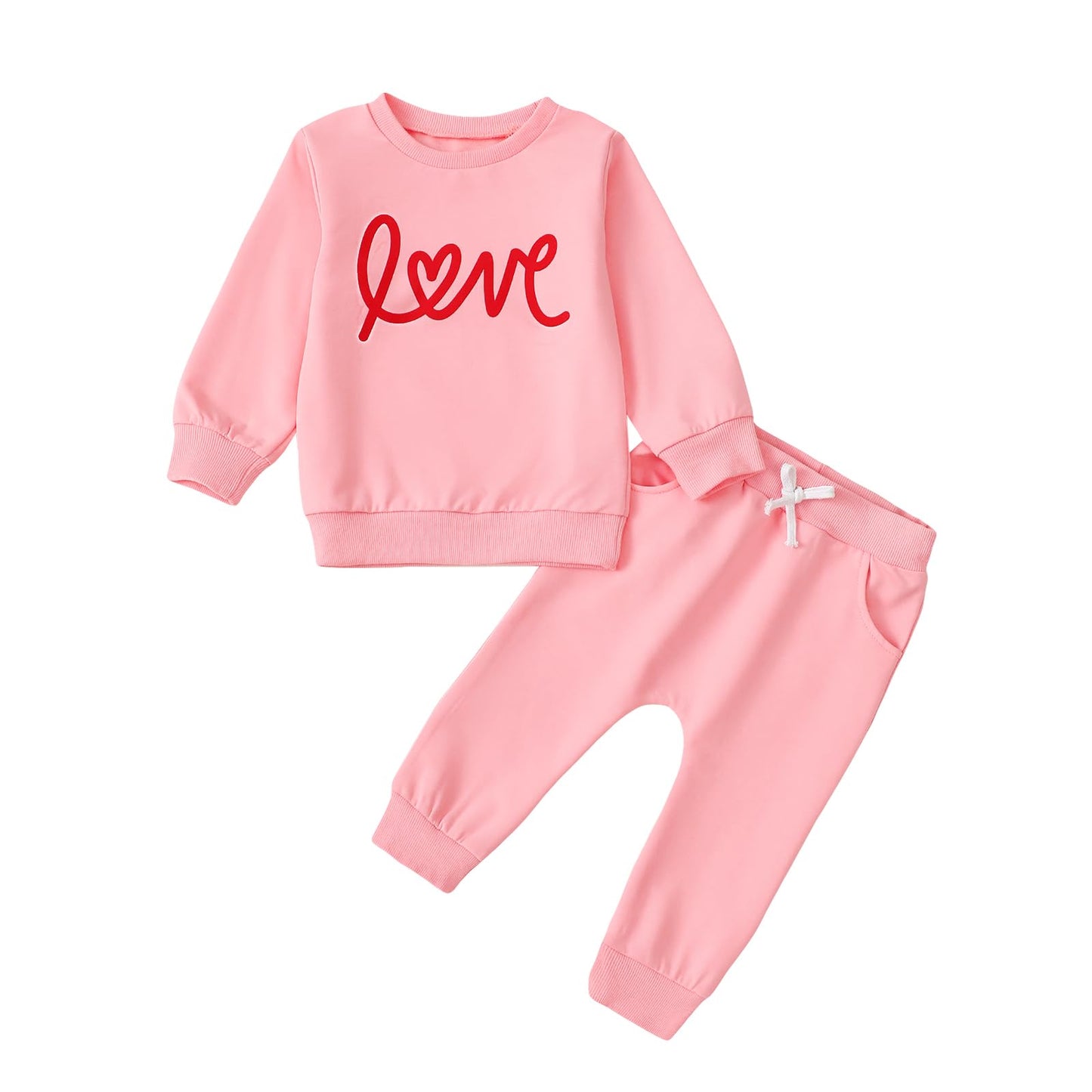 NEVUQO Toddler Newborn Baby Girl Valentines Day Outfit Pink Love Sweatshirt Jogger Pants Set Cute Infant Clothes Tracksuit (Pink
