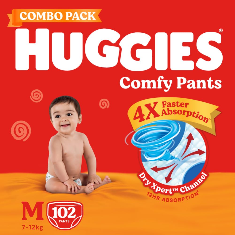 Huggies Comfy Pants Baby Diaper, Medium (M) Size (712 Kgs), Pack Of 102 (34 Count, Pack Of 3)