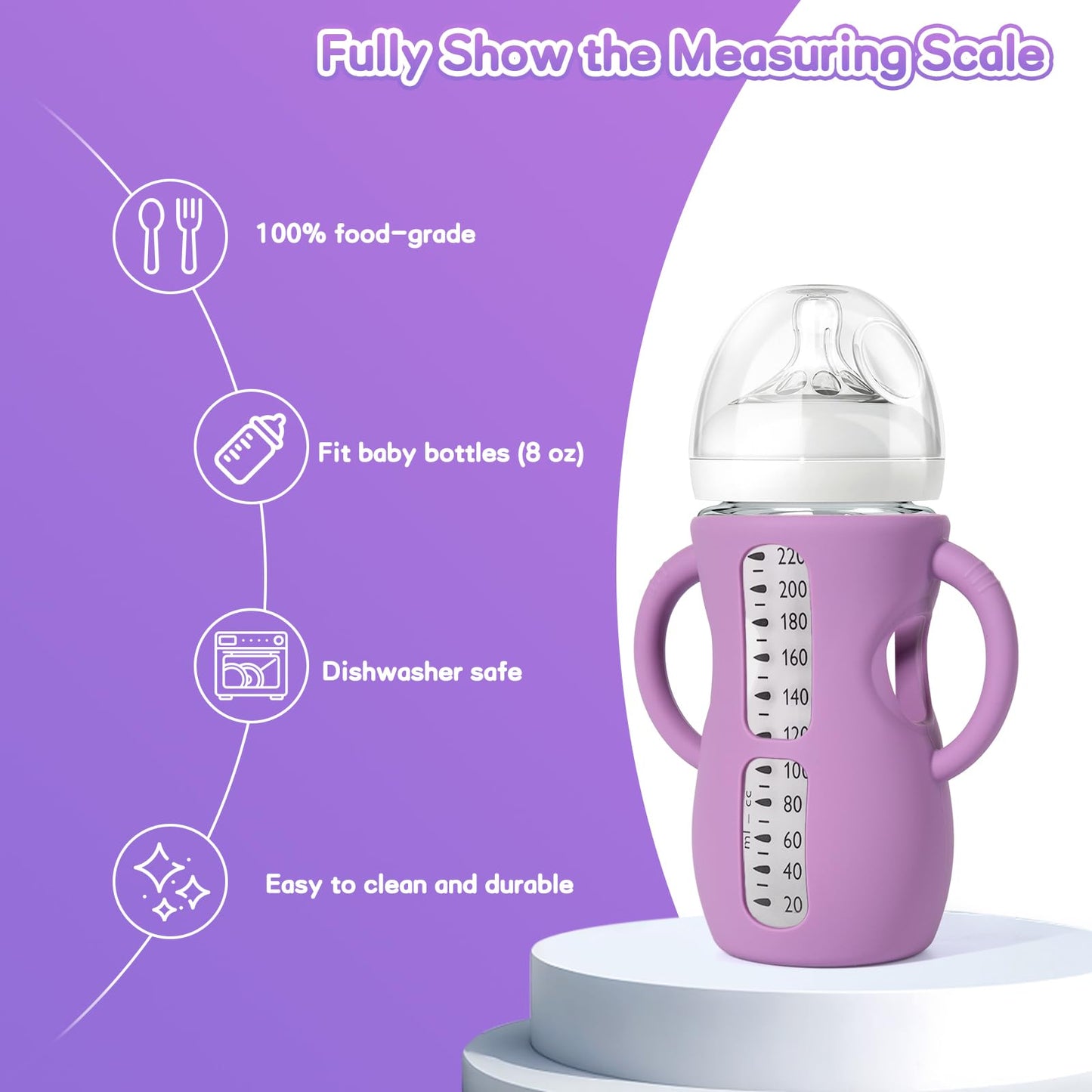 Audrwall Silicone Sleeves For Avent Natural Glass Baby Bottles, Bpa Free, Anti Breakage Baby Bottle Holder (Purple + White, 8 Ou
