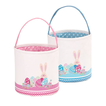Lessmo 2 Pcs Easter Bunny Basket Easter Egg Buckets, Blue Pink Cute Personalized Canvas Cotton Tote Bags Egg Hunt Basket For Eas
