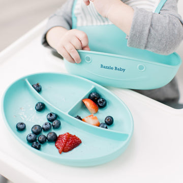 Bazzle Baby Foodie Feeding Set Silicone Roll Up Bib With Food Catcher Suction Plate Bowl Lid And Spoon