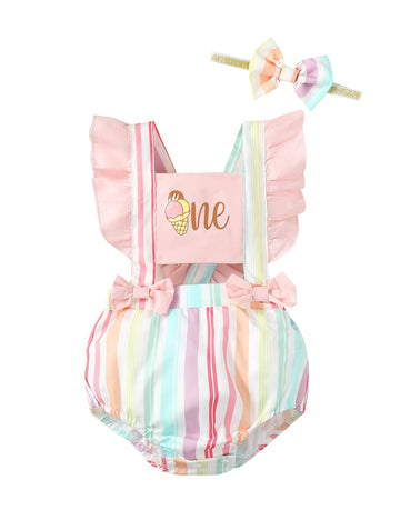Shalofer 1St Birthday Outfit Girl Summer Ice Cream Bodysuit With Headband, 1824 Months