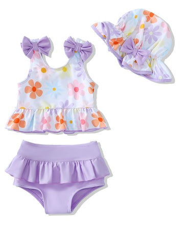 Mioglrie Baby Girl Swimsuit Newborn Bathing Suit Purple Floral Bikini Infant Summer Beach Tankini 0-3 Month 2 Piece Swimsuit For