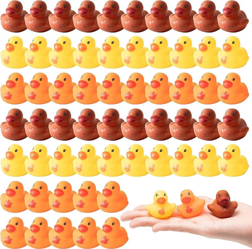 Haooryx Fall Mini Rubber Ducks - 60Pcs Holiday Bath Toys Autumn Maple Leave Bathtub Float Ducky Tiny Squeak Duck for Kids Fall T