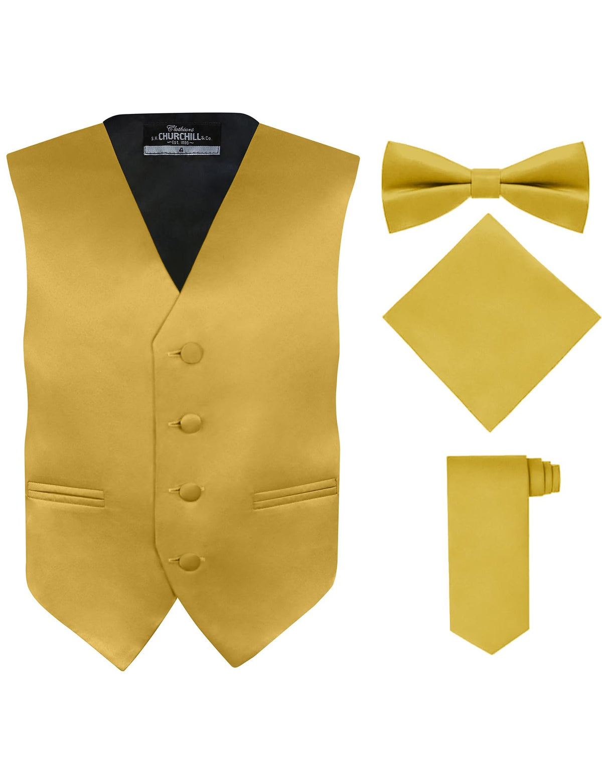 S.H. Churchill & Co. BoyS 4 Piece Vest Set, With Bow Tie, Neck Tie & Pocket Hankie, Gold Size 14