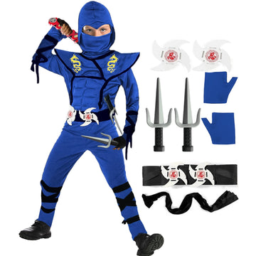 Satkull Kids Blue Ninja Costume, Ninja Deluxe Costume Set With Ninja Foam Accessories For Boy&Girl Party Dress Up Ninja Role Pla