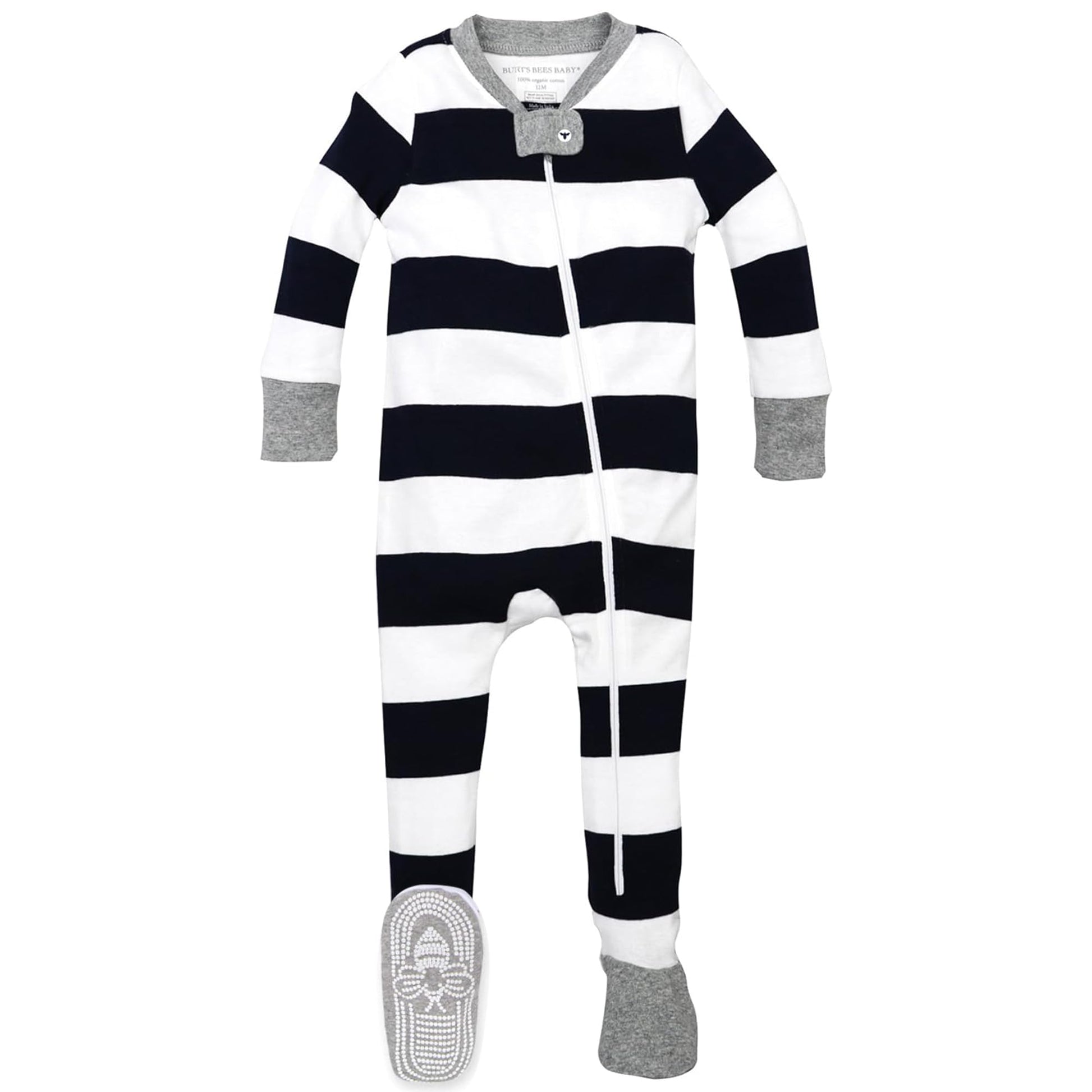 Burt'S Bees Baby Baby Boys Pajamas, Zip-Front Non-Slip Footed Pjs, Organic Cotton And Toddler Sleepers, Midnight Rugby Stripe, 2