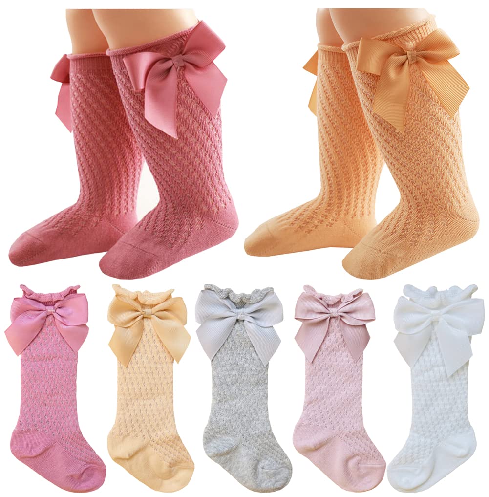 Qandsweet Baby Girl Knee-High Socks Toddlers Bow Stockings Newborn Infant Sock (0-12 Months,Hollow-5 Pairs)