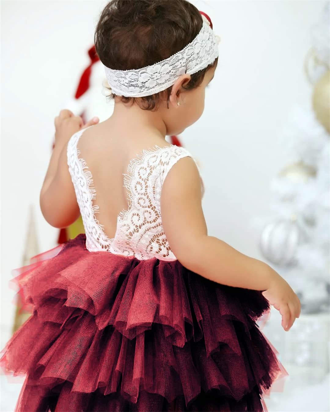 2Bunnies Girl Peony Lace Back A-Line Tiered Tutu Tulle Flower Girl Dress (Burgundy Sleeveless Short, 7-8Yrs)