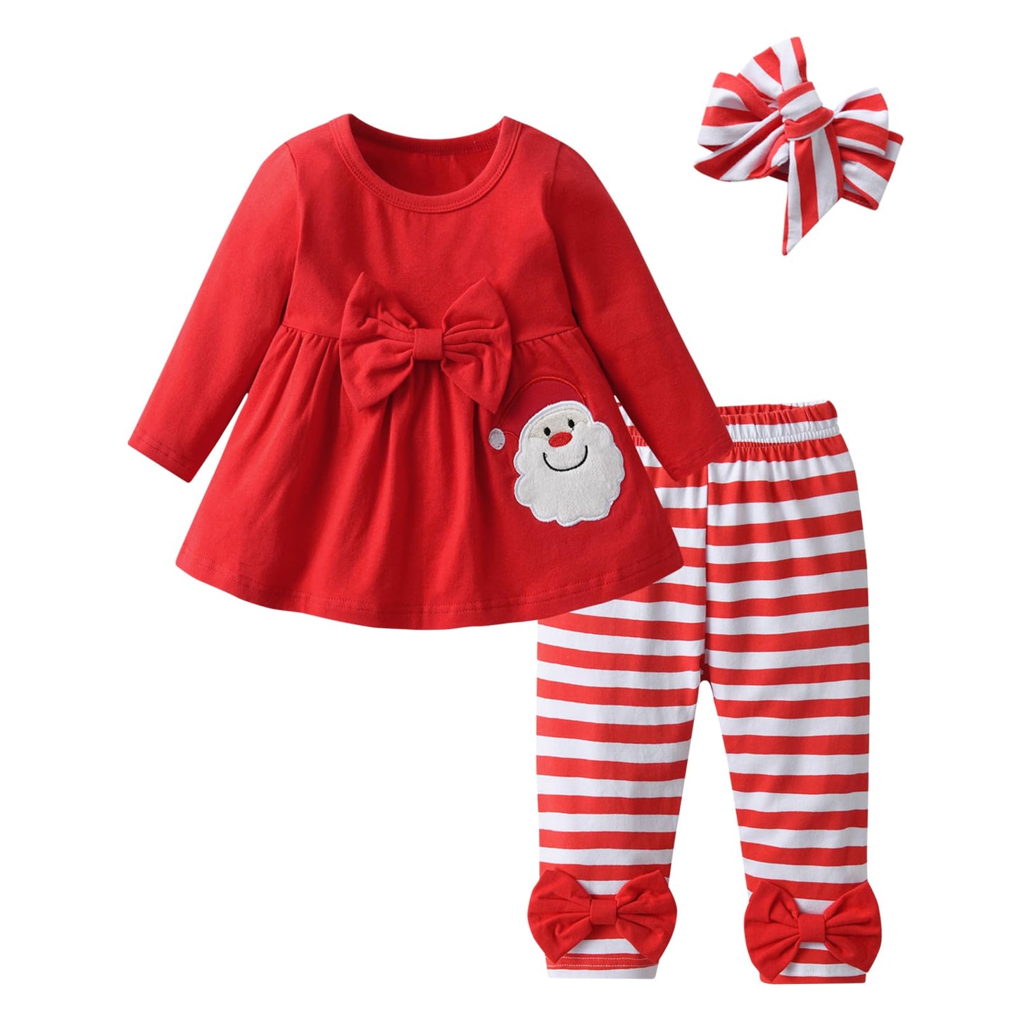 3Pcs Baby Girl Clothes Ruffle Bow Tie Christmas Shirt Tops Striped Pants Headband Outfit Sets (Red, 9-12 Months)