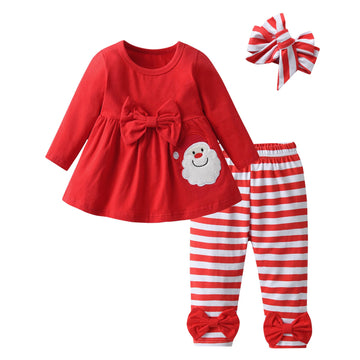 3Pcs Baby Girl Clothes Ruffle Bow Tie Christmas Shirt Tops Striped Pants Headband Outfit Sets (Red, 9-12 Months)