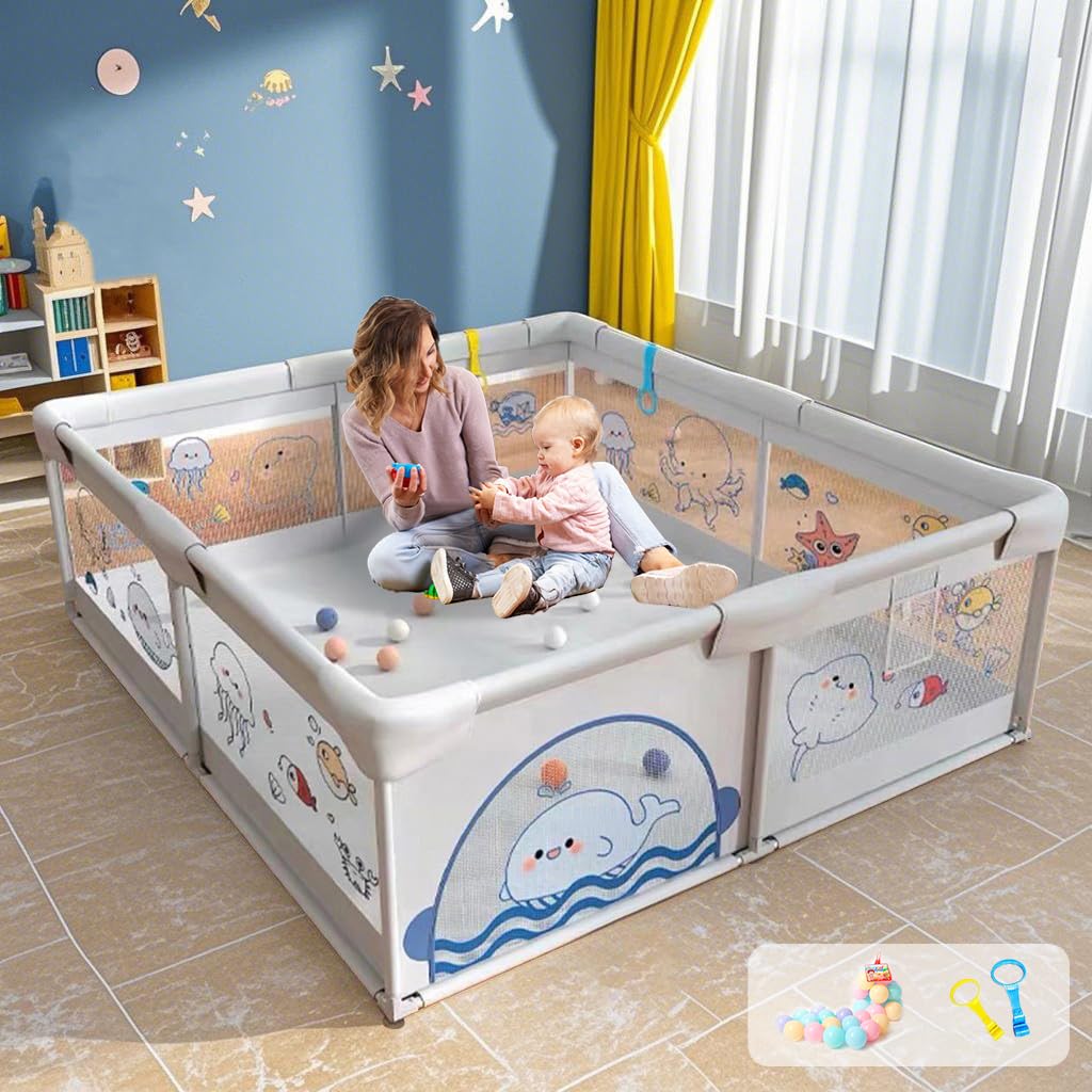 Dawnwake Large Playpen 150X180 Cm For Baby Up To 5 Years, Playard With Ocean Balls And 2 Grasp Rings, Kids Activity Center With 