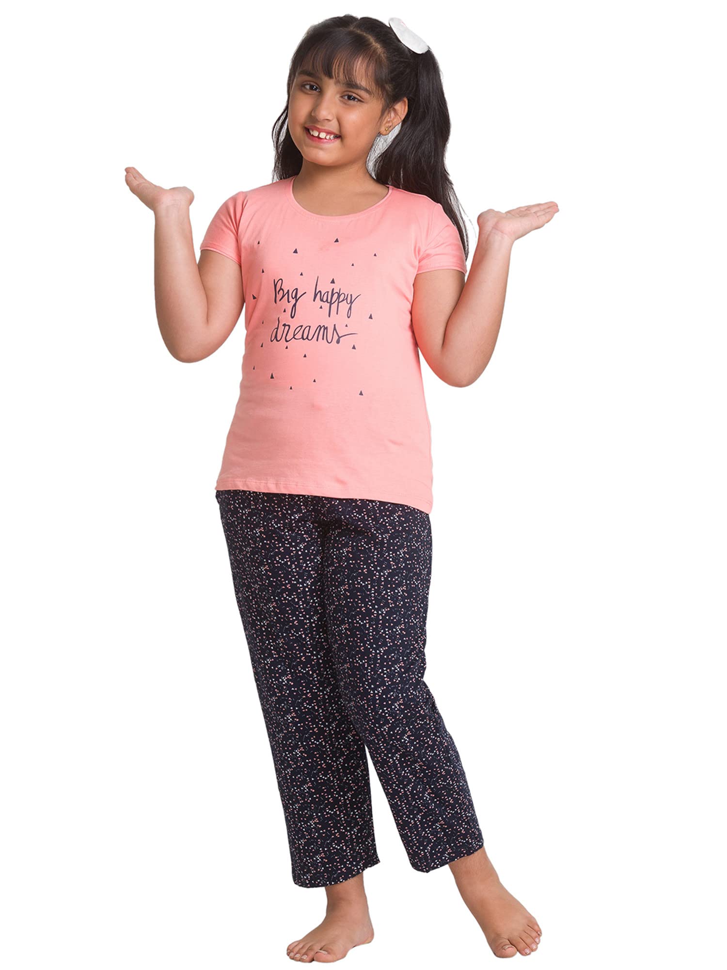 AV2 Girls Cotton Printed Pajama Set Night Suit Night Dress Peach 89 Years 6632