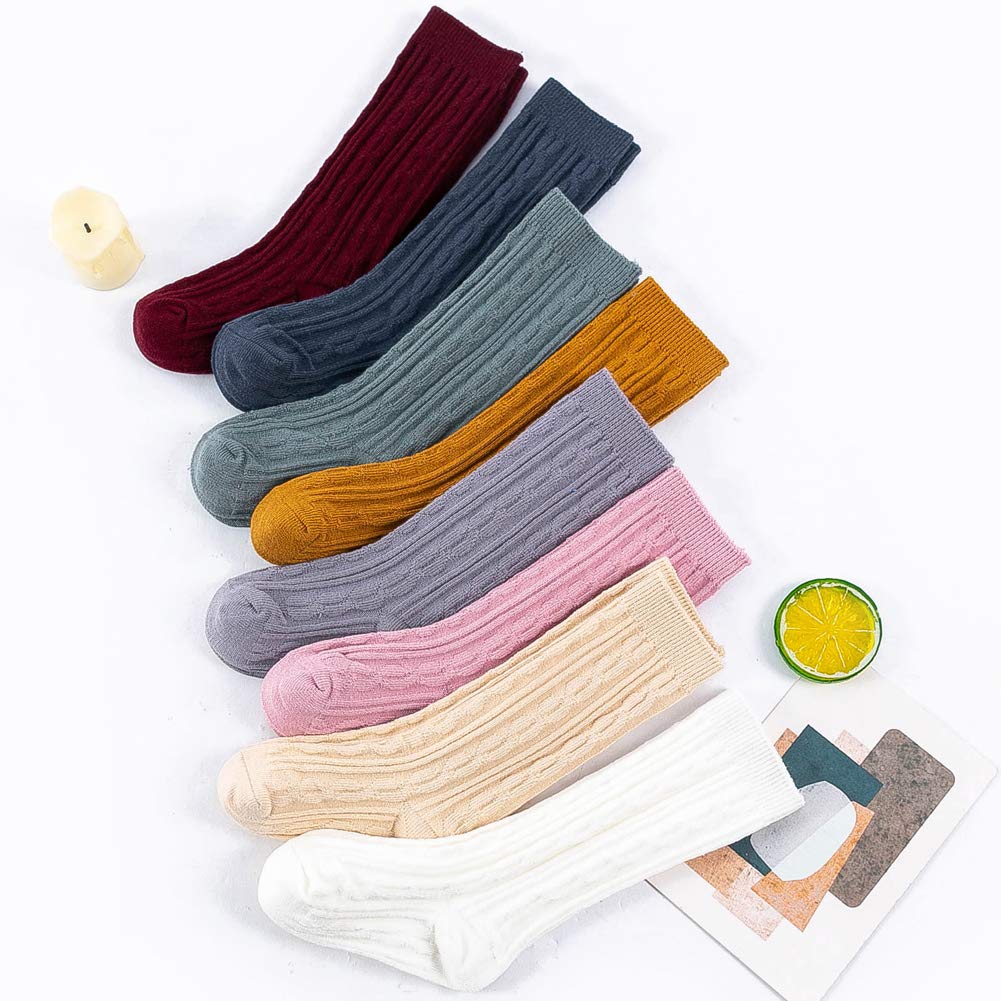 Zumou Toddler Knee High Socks 8 Pairs Baby Little Girls Cable Knit Cotton Stockings 0-5T (0-12 Months, Assorted 8-Pack)