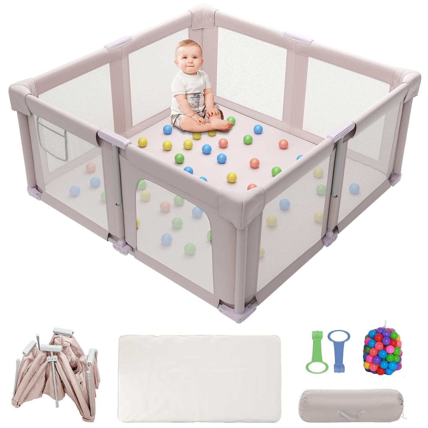 Seeday 51 Foldable Baby Playpen with Mat, Playpen for Babies and Toddlers with Ocean Balls and Pull Links, Soft Breathable and V