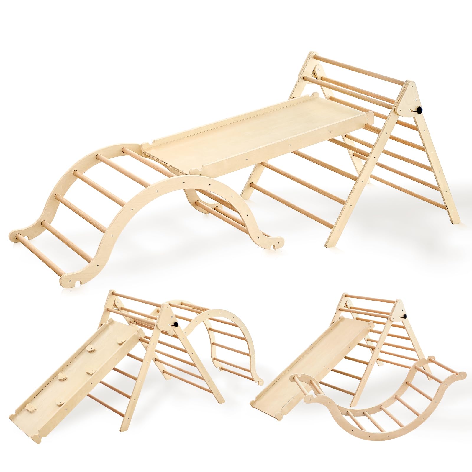 Giant bean Large Foldable Pikler Triangle Set with Sliding Ramp & Climbing Arch Ramp, 5-in-1 Wooden Toddler Climbing Toys Indoor