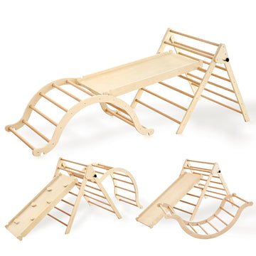 Giant bean Large Foldable Pikler Triangle Set with Sliding Ramp & Climbing Arch Ramp, 5-in-1 Wooden Toddler Climbing Toys Indoor