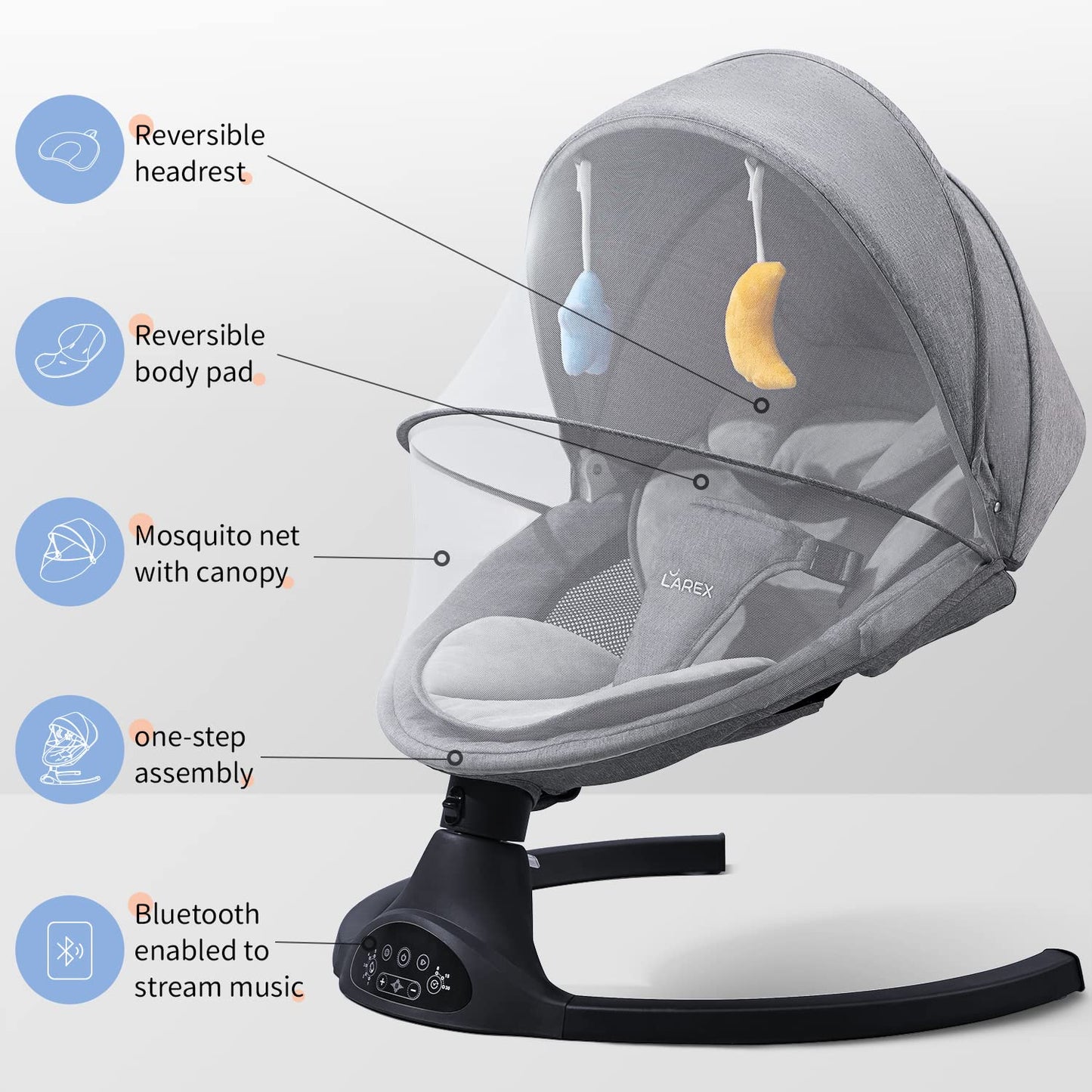 LAREX Baby Swing Infant Swing Electric Toddler Baby Rocker Portable for Newborn Boy Girl, 5 Sway Speeds with Remote Control, 10