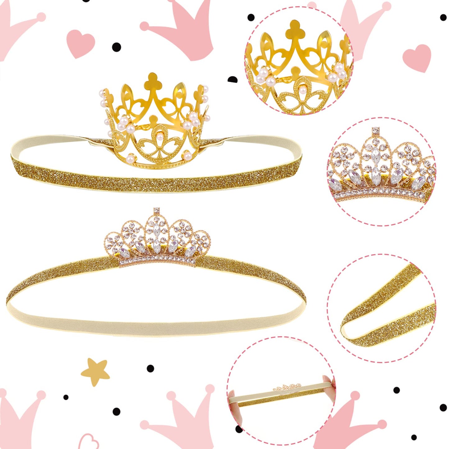 Gold Baby Crown Baby Tiara Baby Crown Headband Crystal Crown Hair Belt For Little Girl Infant Princess Tiaras Birthday Elastic H