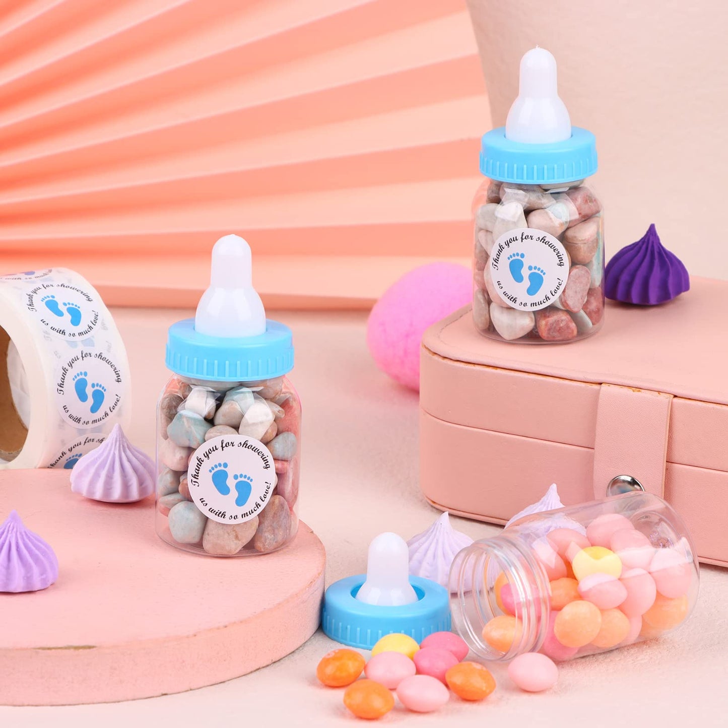 62 Pcs 3.5 Inch Baby Mini Milk Bottle Baby Shower Favor With 500 Adhesive Thank You For Showering Stickers, Small Plastic Candy