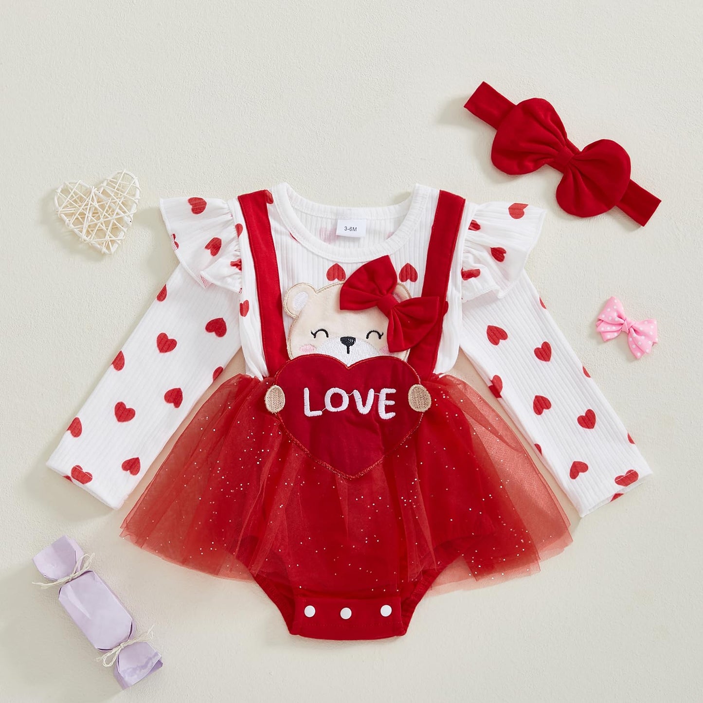 Baby Girl Valentine Outfit - Heart Romper Dress & Onesie For Newborns (Red, 9-12 Months)