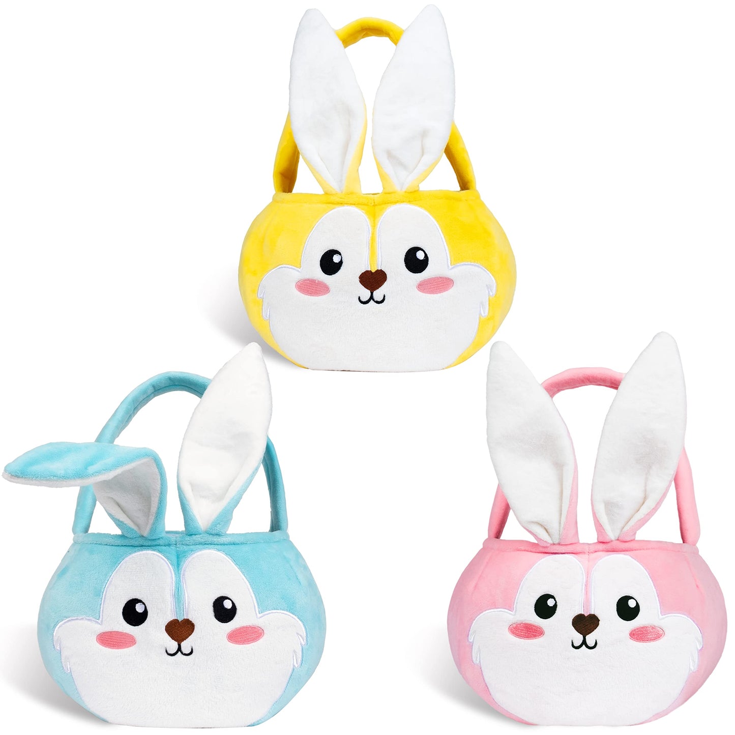Easter Baskets 3 Pack Cute Empty Bunny Basket with Foldable Ears and Handle for Kids Boy Girl Gift, Easter Decor Set 3 Pink Blue