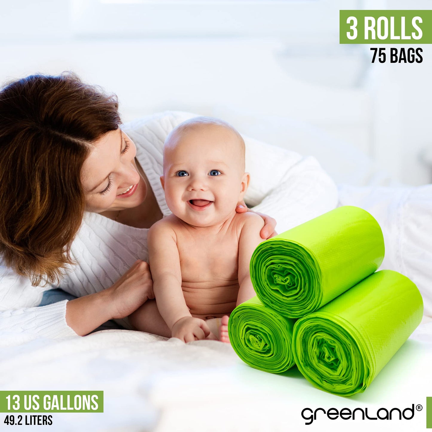 Greenland Biodegradable Diaper Pail Bags Compatible With Ubbi - Lemon Scented (75 Bags, 13 Gallons)