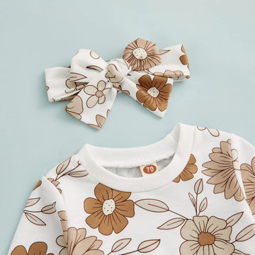 3Pcs Baby Girl Outfits Floral Sweatshirt + Pants + Headband Infant Fall Winter Clothes White 0-6 Months