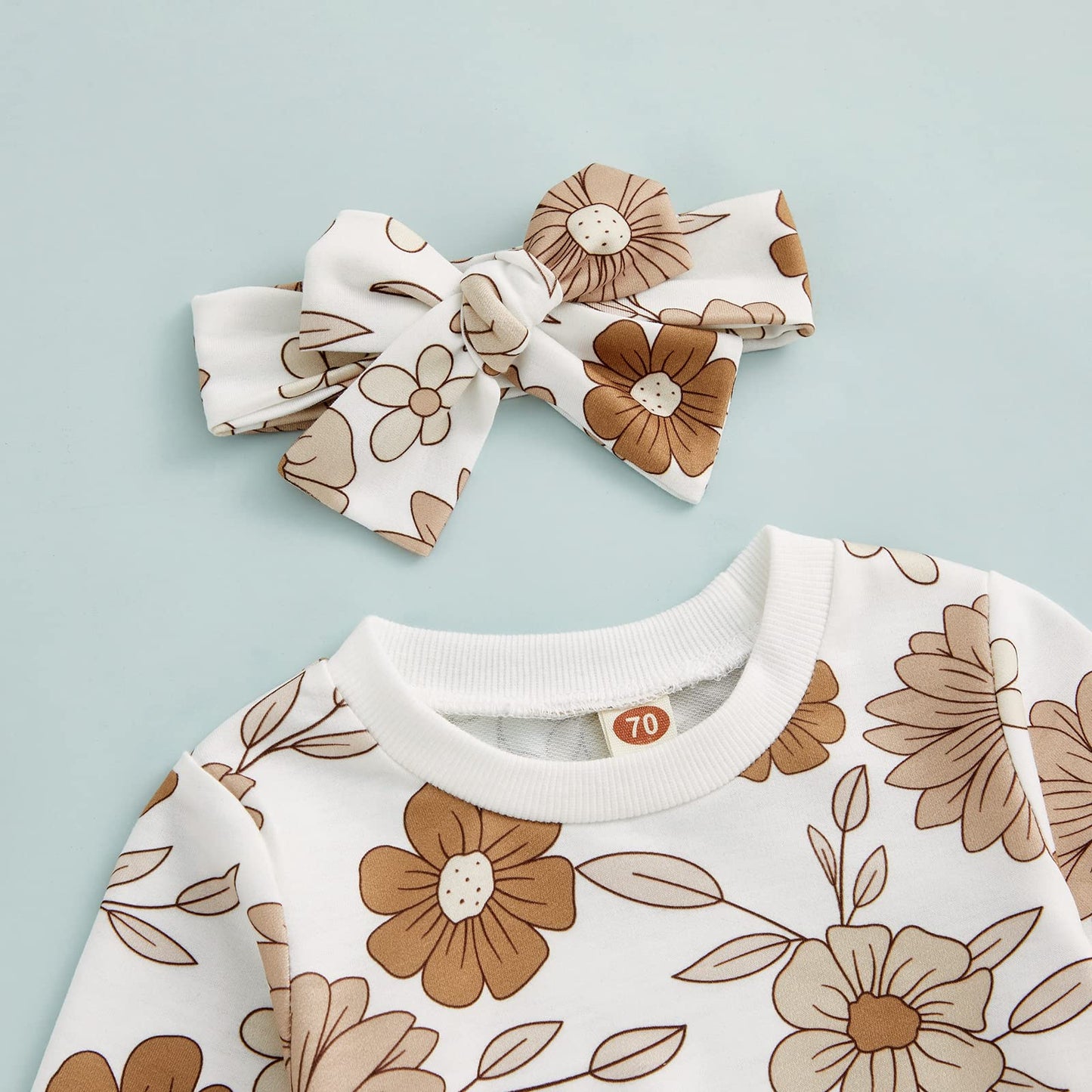 3Pcs Baby Girl Outfits Floral Sweatshirt + Pants + Headband Infant Fall Winter Clothes White 6-12 Months