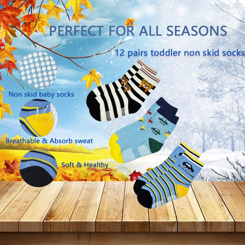 Tphon Non Slip Kids Toddler Socks With Gripper 12 Pairs Anti Skid Boys Girls Socks For Baby Socks For 5-7 Year Children
