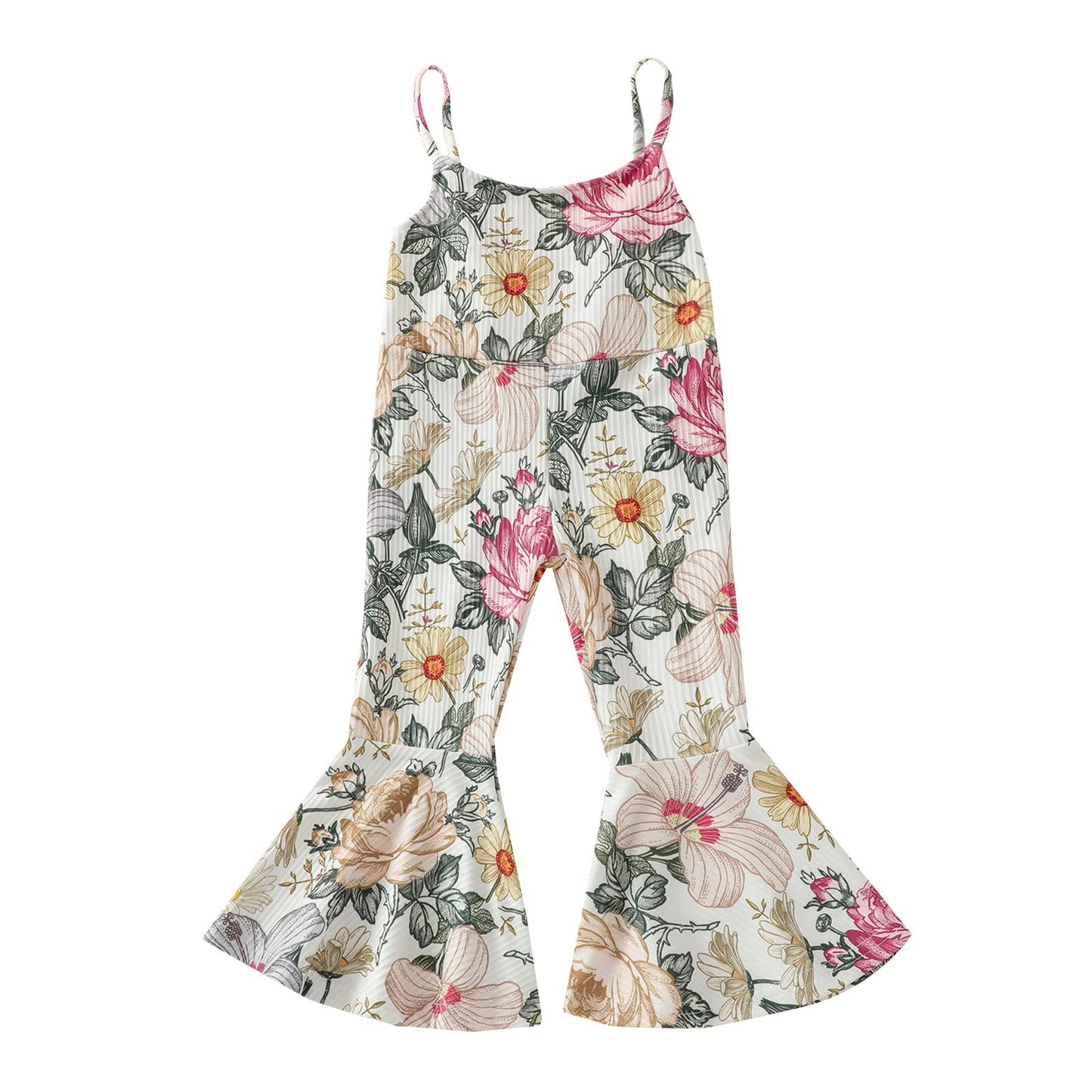 Emmababy Toddler Girl Bell Bottom Romper Baby Floral Suspender Pants Ribbed Jumpsuit Backless Flare Overalls Summer Playsuit(Flo