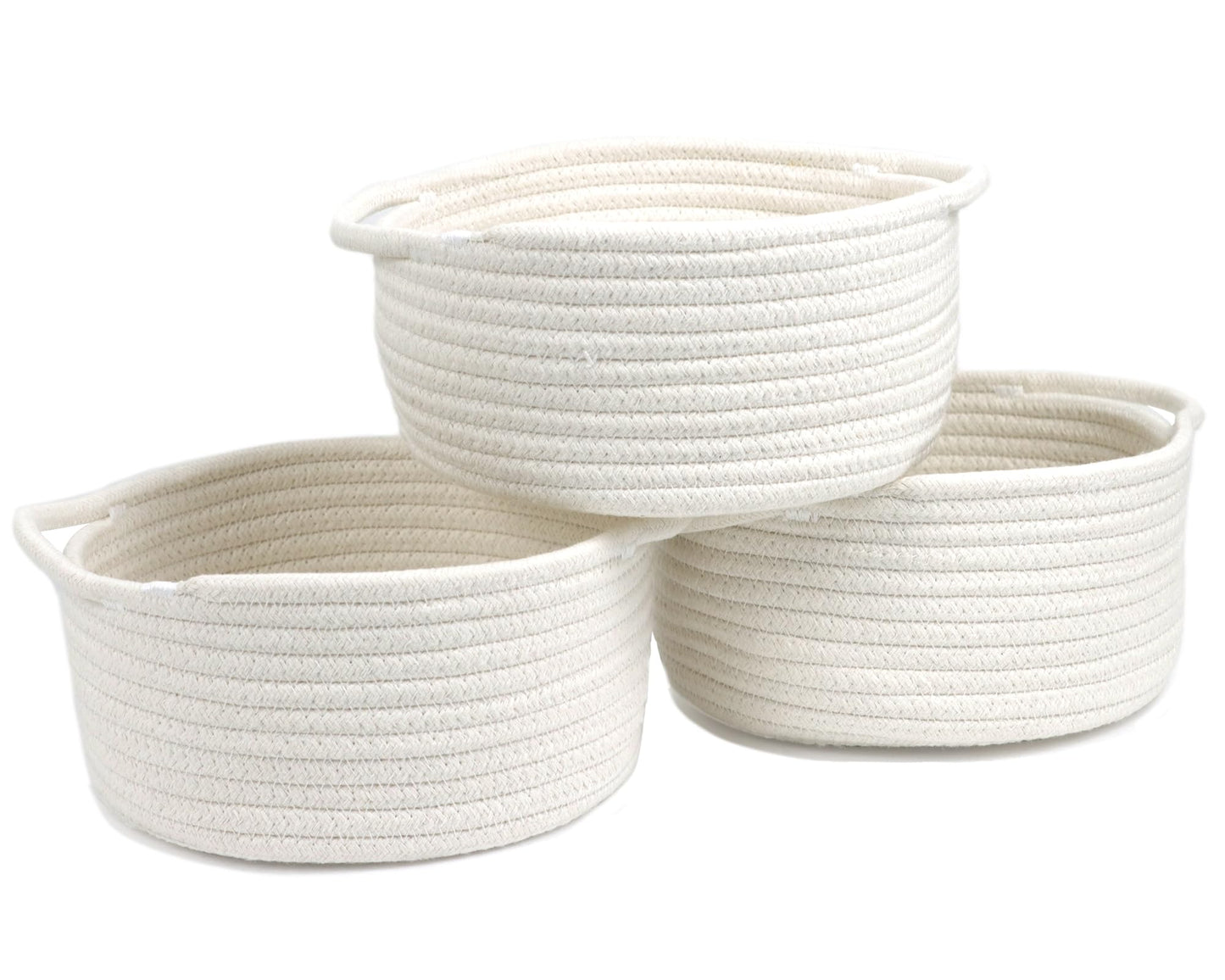 Small Basket with Handle, Set of 3 Cotton Rope White Woven Baskets for Organizing, Cute Mini Tiny Decorative Boho Round Storage 