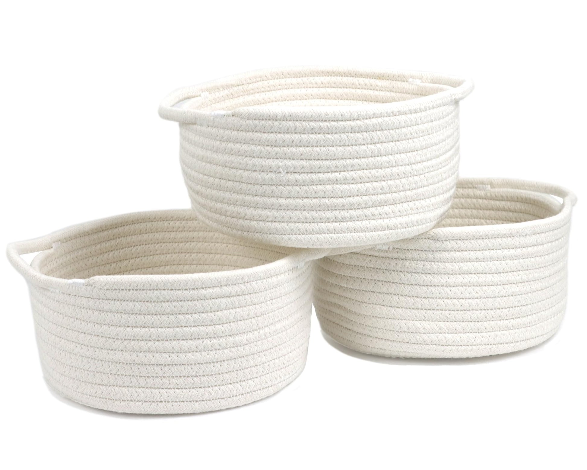 Small Basket with Handle, Set of 3 Cotton Rope White Woven Baskets for Organizing, Cute Mini Tiny Decorative Boho Round Storage 
