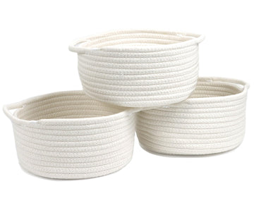 Small Basket with Handle, Set of 3 Cotton Rope White Woven Baskets for Organizing, Cute Mini Tiny Decorative Boho Round Storage 