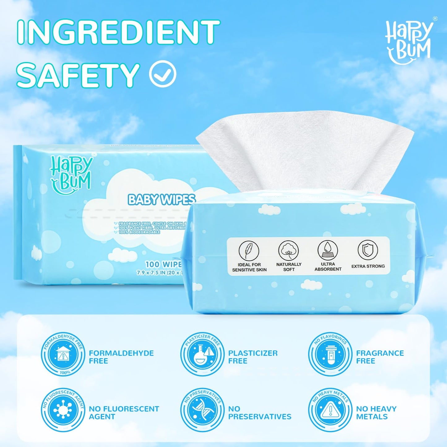 Dry Wipes - Happy Bum Dry Baby Wipes, 100% Cotton Large Baby Wipes, Unscented Cotton Tissues For Sensitive Skin, 600 Count, Baby